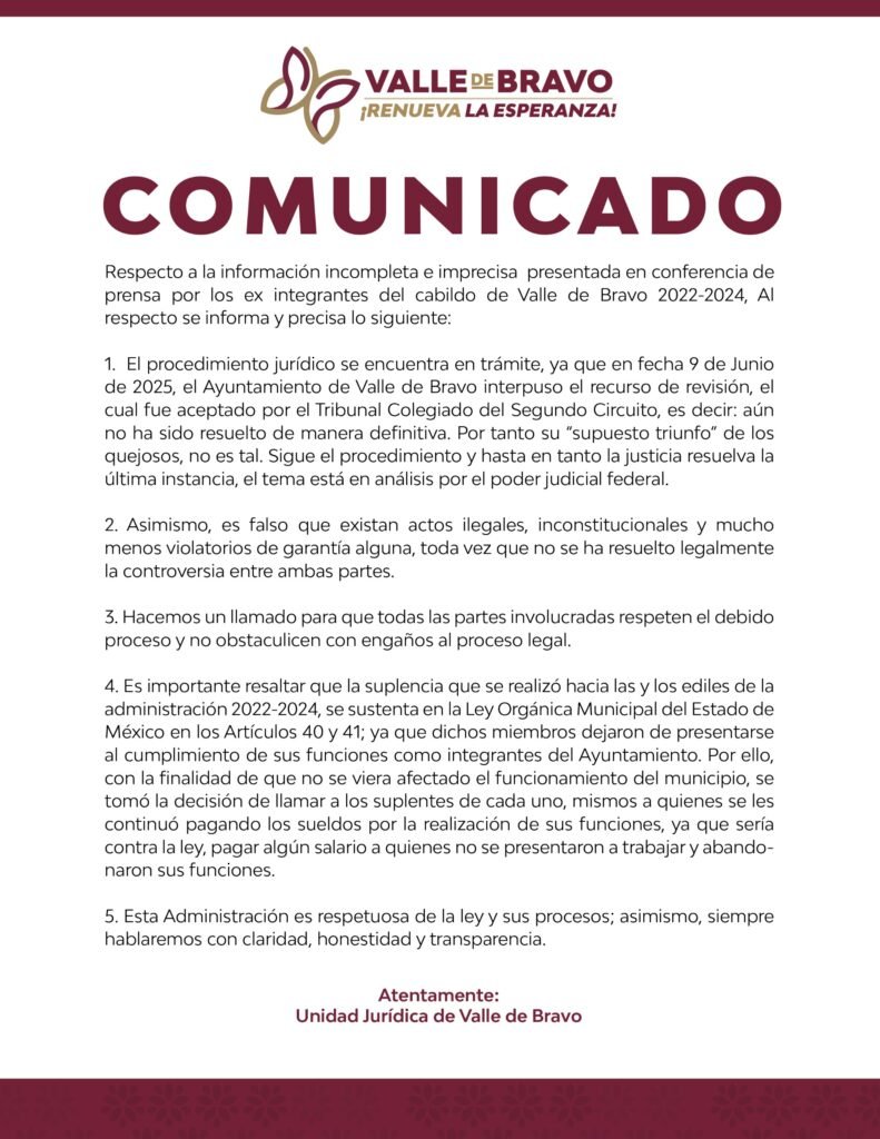 Ayuntamiento de Valle de Bravo aclara situación legal tras declaraciones de ex ediles