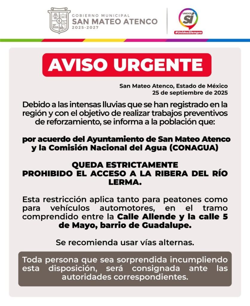 'San Mateo Atenco restringe paso en ribera del río Lerma'